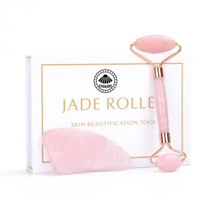Set de Masaje Facial con rodillo de jade roller y piedra antienvejecimiento en cuarzo rosa natural
